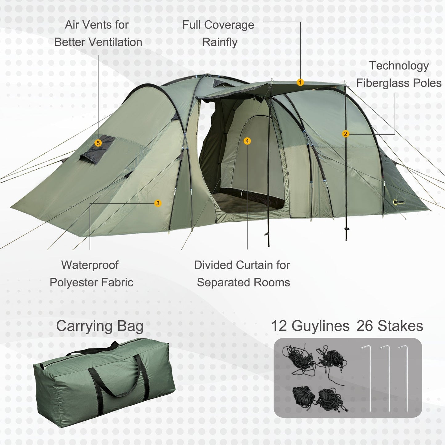 Outsunny 5 Man Camping Tent Camping Gazebo Garden Tent w/ Rainfly 3 Rooms Carry Bag