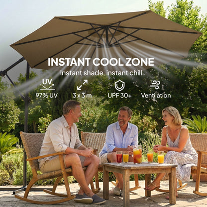 Outsunny 3 m Garden Cantilever Parasol with Cover, Round Overhanging Umbrella with 360 degrees Rotation, Tilt, Khaki