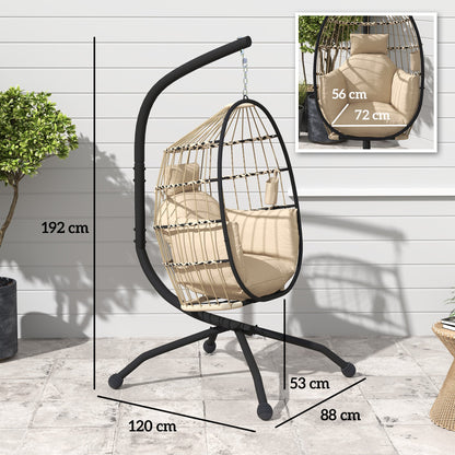 Outsunny Hanging Egg Chair Outdoor Indoor Garden Swing Chair with Folding Basket and Thickened Cushion, Garden Hanging Chair with Stand, Headrest, Cup Holder for Patio, Balcony, Khaki