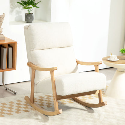 HOMCOM Upholstered Rocking Chair, Teddy Fleece Fabric, High Back, Armrests, Rubberwood Legs, Cream White