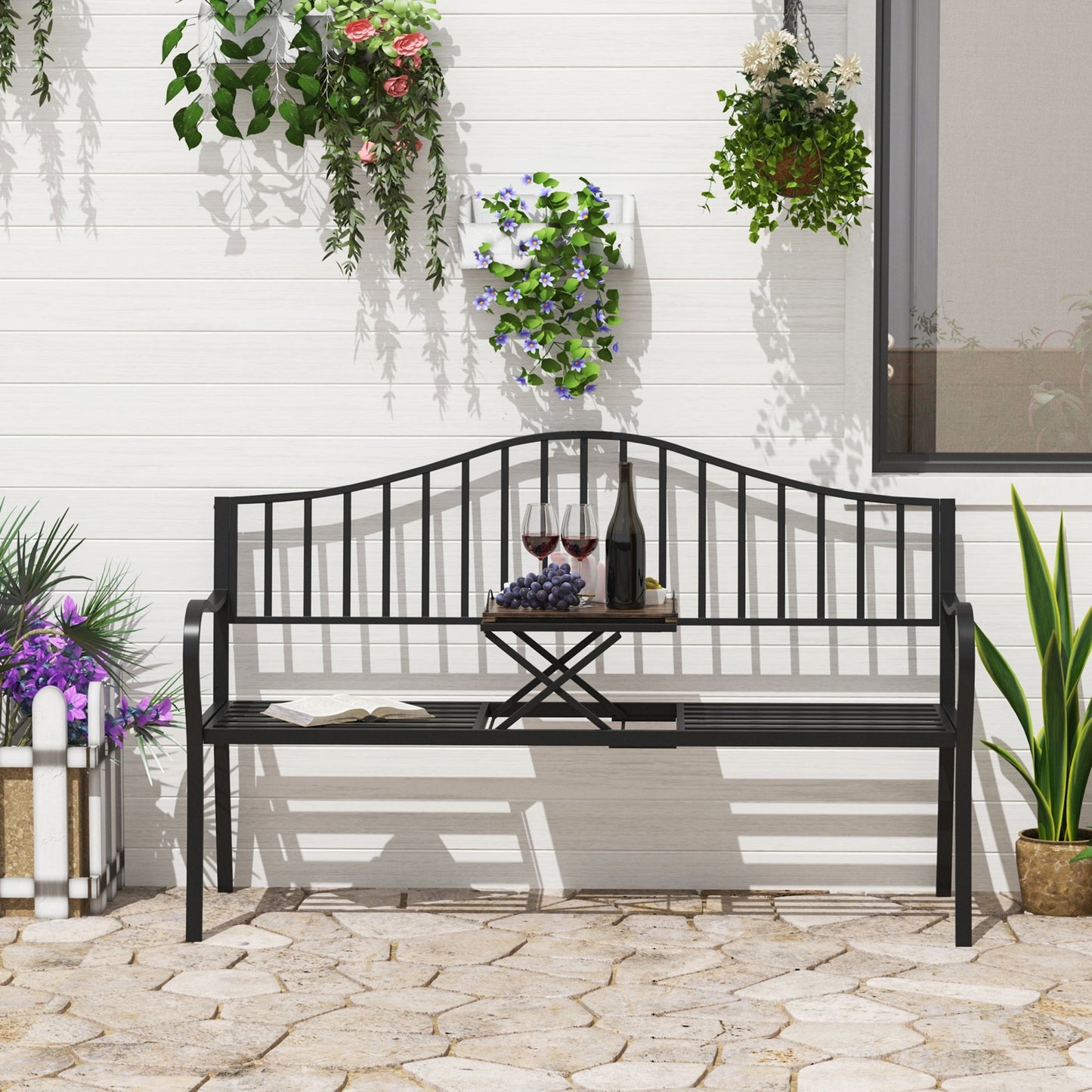 Outsunny Outdoor Metal Frame Bench Patio Park Garden Seating Chair with Foldable Middle Table