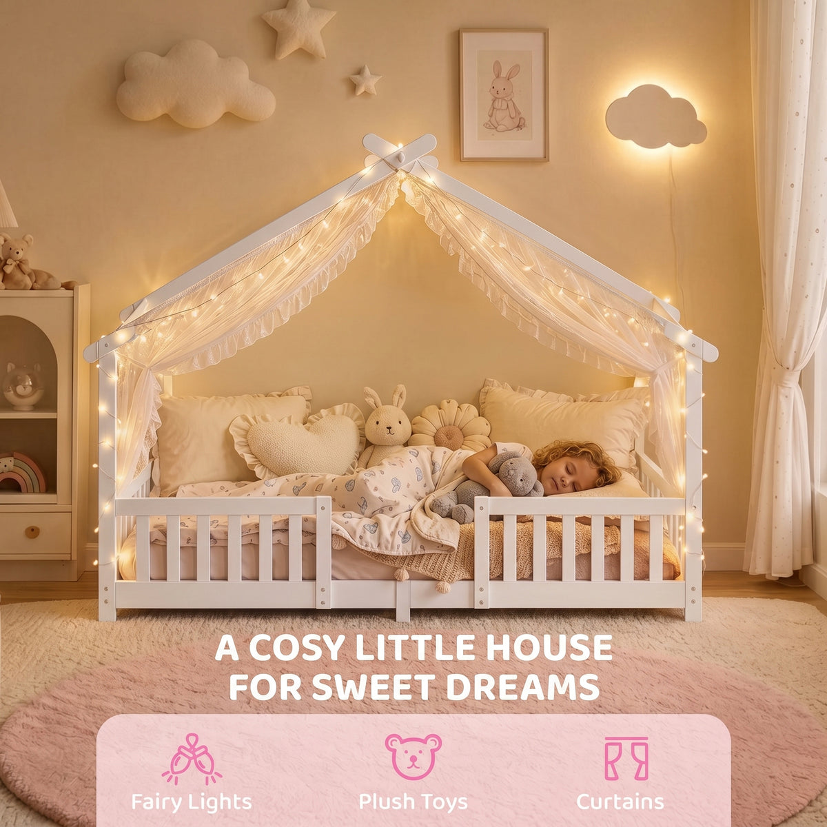 AIYAPLAY Wooden Kids House Single Bed Frame, Solid Pine Wood Toddler Bed with Dual Guardrails for Children, Boys, Girls, White