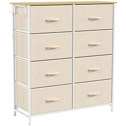 HOMCOM Chest of Drawers, Dresser with 8 Fabric Drawers, Tall Storage Unit with 4 Pockets and 2 Hooks Steel Frame, Beige