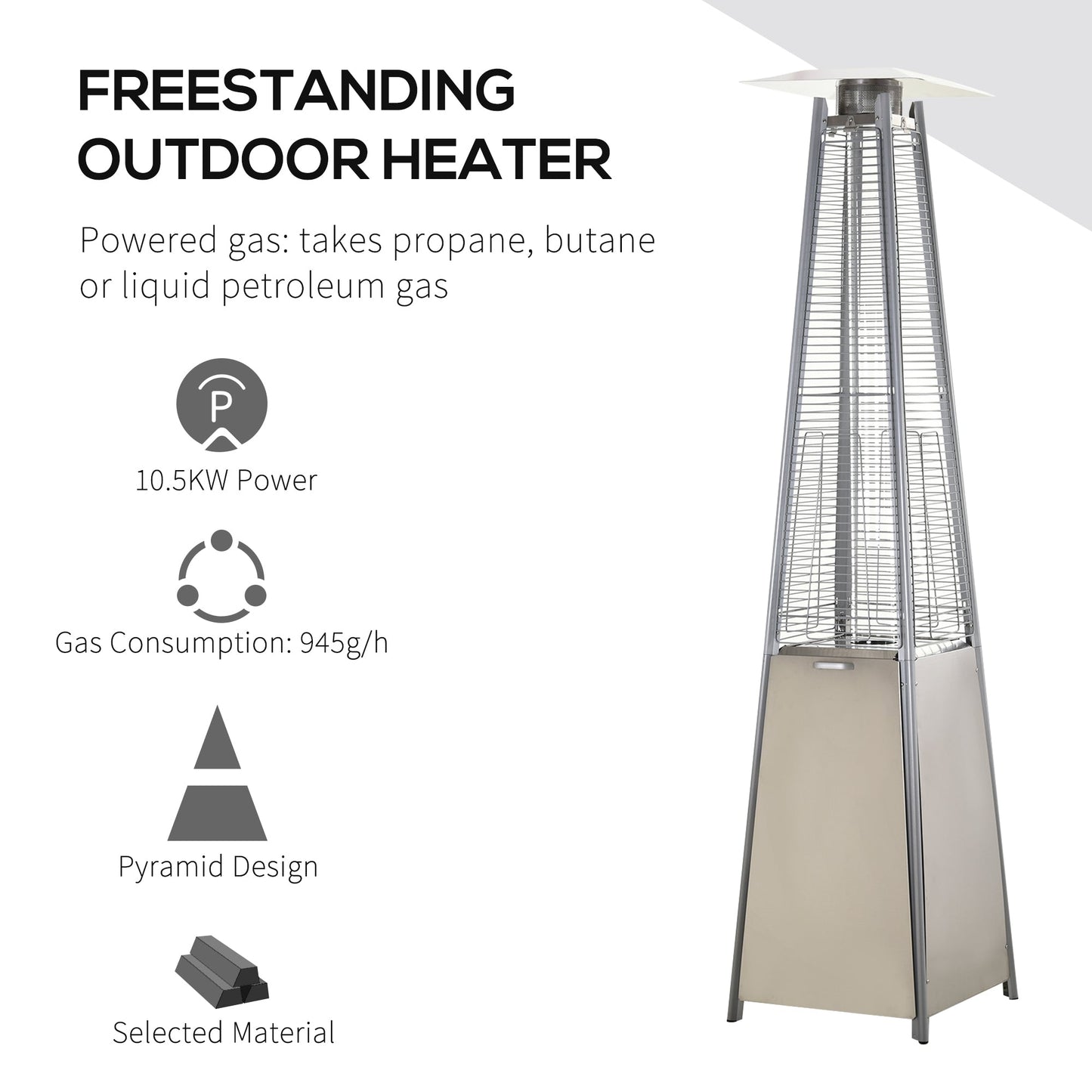 Outsunny 10.5KW Stainless Steel Outdoor Garden Patio Pyramid Heating Propane Gas Real Flame Heater Warmer Glass Tube w/ Wheels and Rain Cover, Silver