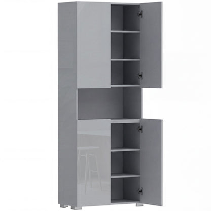 HOMCOM 180 cm Tall Kitchen Cupboard, Pantry Storage Cabinet with Soft Close Doors and Adjustable Shelves, High Gloss Grey