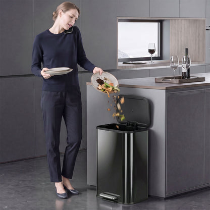 HOMCOM 50L Kitchen Bin, Metal Pedal Rubbish Bin with Soft Close and Stay-Open Lid, Removable Inner Bucket, High Gloss Black