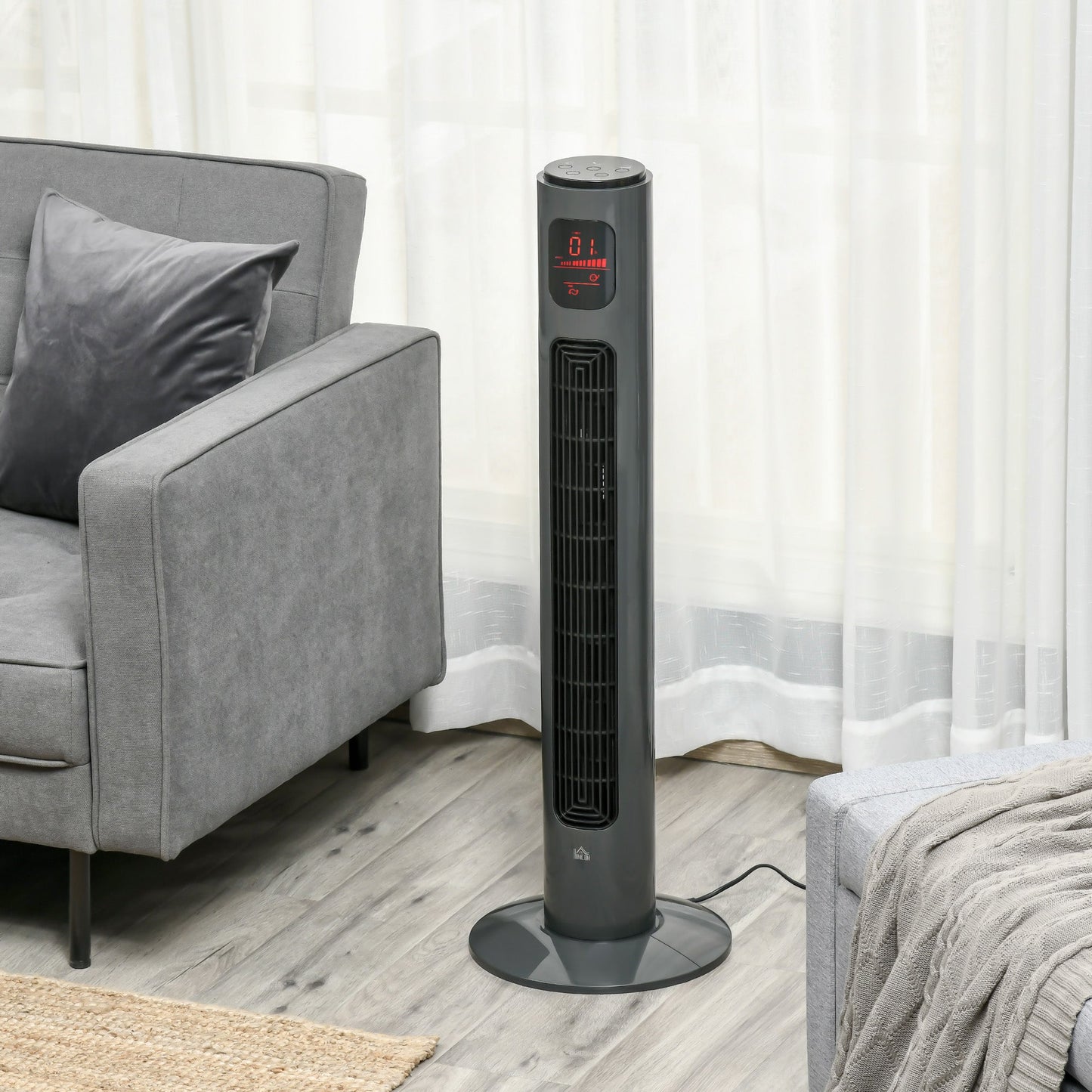 38'' Freestanding Tower Fan, 3 Speed 3 Mode, 12h Timer, 70 Degree Oscillation, LED Panel, 5M Remote Controller, Dark Grey