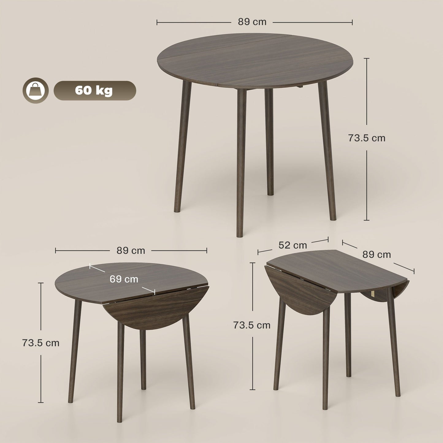 HOMCOM Folding Dining Table for 4, Round Drop Leaf Table, Modern Space Saving Small Kitchen Table with Wood Legs for Dining Room, Grey