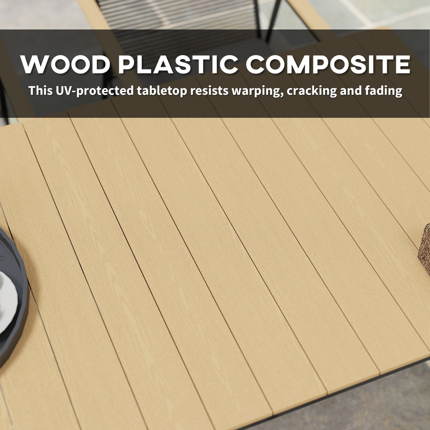 Outsunny 6 Seater Garden Dining Set with Soft Cushions, Rattan Backrest, Rectangular Plastic Top, Garden Furniture Set, Outdoor Dining Table and Chairs for Patio, Balcony, Poolside, Nature Wood Finish