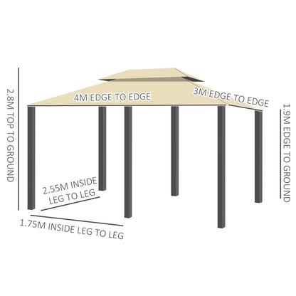 Outsunny 4 x 3(m) Outdoor Gazebo Canopy Party Tent Garden Pavilion Patio Shelter w/ LED Solar Light, Double Tier Roof, Curtains, Steel Frame, Khaki