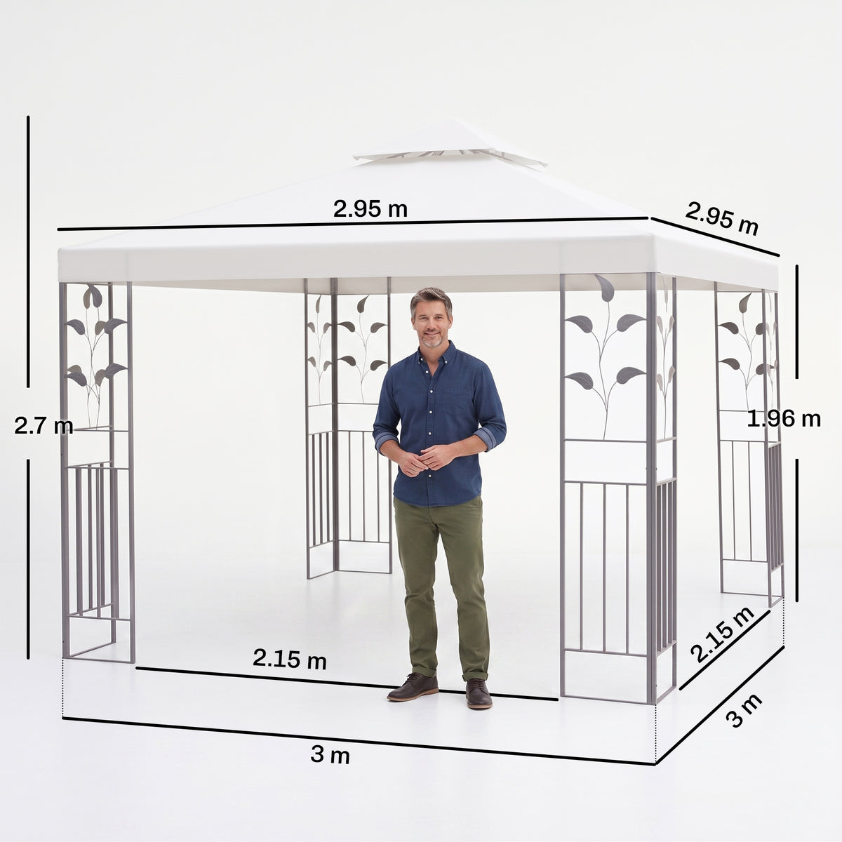 Outsunny 3 x 3m Outdoor Steel Gazebo with 2 Tier Roof, Garden Gazebo Patio Canopy Marquee Shelter with Decorative Steel Frame - Cream
