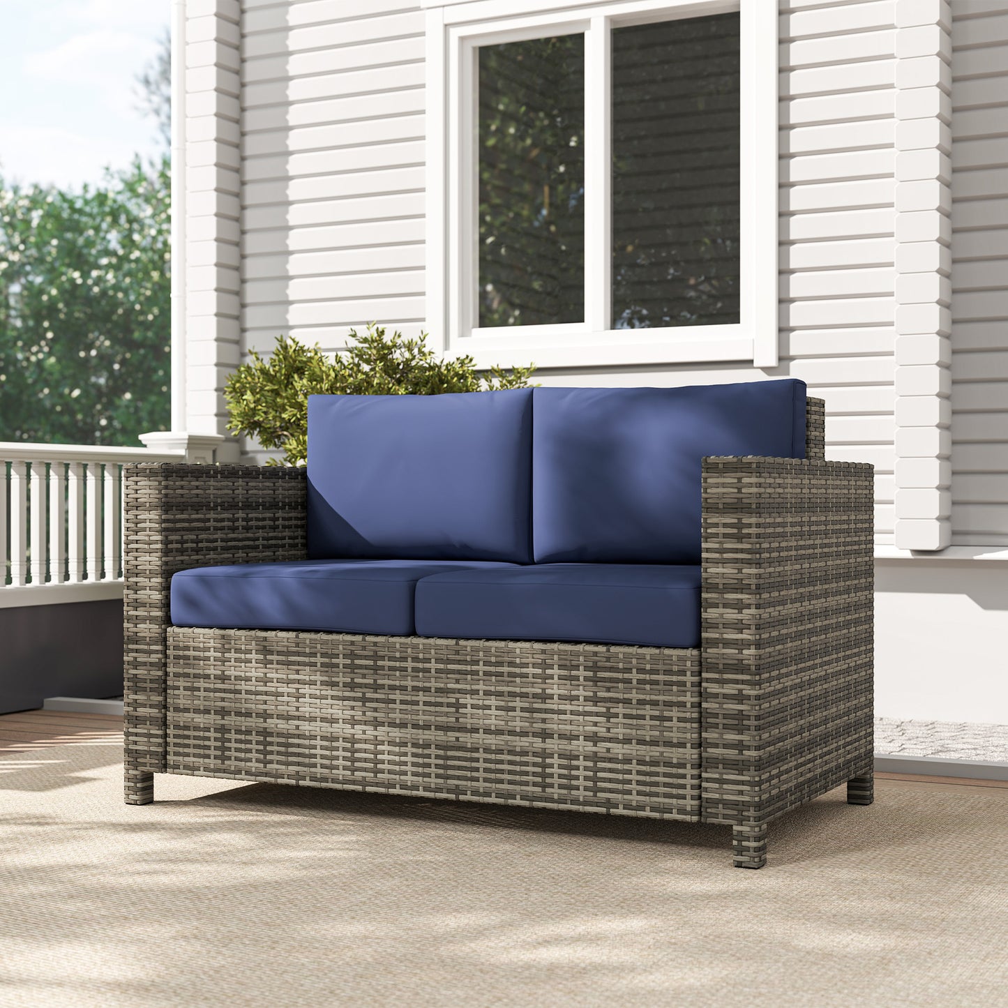 Outsunny 2-osobowe meble ogrodowe, sofa rattanowa z miękką wyściełaną poduszką i podłokietnikami, wiklinowa ogrodowa sofa dwuosobowa na patio, granatowa