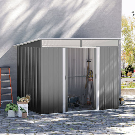 Metalowa szopa ogrodowa Outsunny Garden House Hut, przechowywanie narzędzi ogrodniczych z pochylonym dachem i wentylacją, 8,5 x 6 stóp, szara