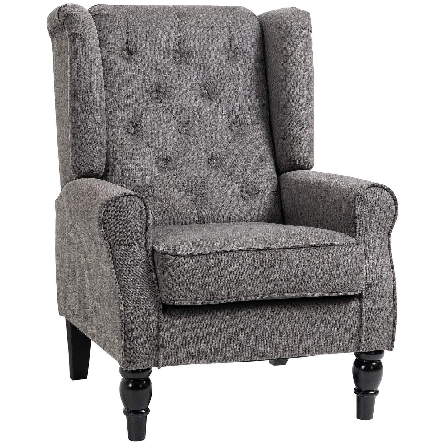 HOMCOM Retro Accent Chair, Linen Wingback Armchair with Wood Frame Button Tufted Design for Living Room Bedroom, Dark Grey