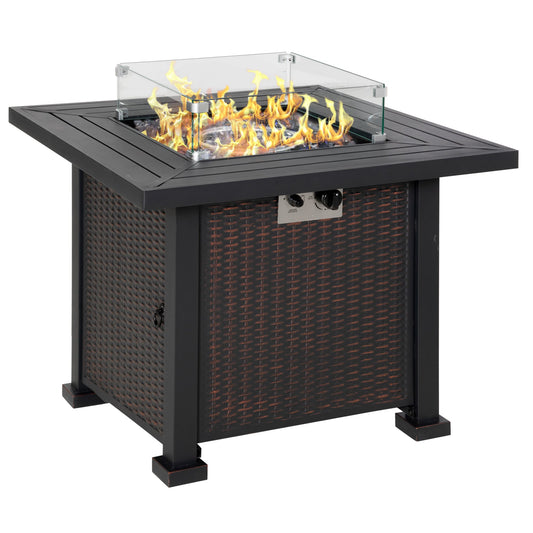 Outsunny Square Propane Gas Fire Pit Table, 50000 BTU Rattan Smokeless Firepit Patio Heater with Glass Screen, Glass Beads and Lid, 81cm x 81cm x 64cm, Black