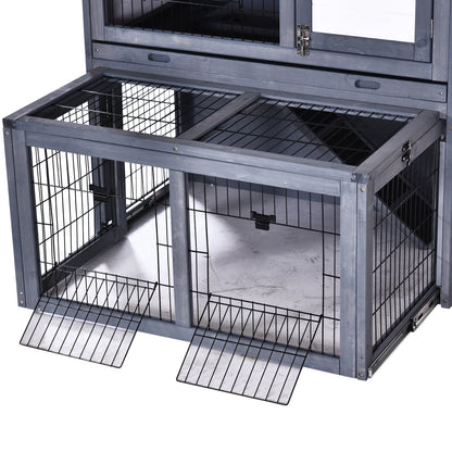 PawHut Rabbits 2-Tier Fur Wood Outdoor Hutch Grey