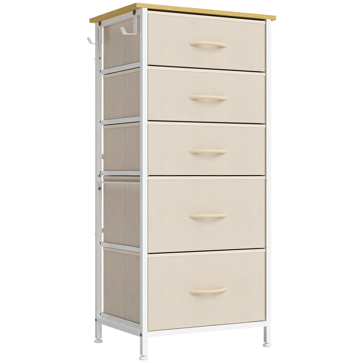 HOMCOM Chest of Drawers, Dresser with 5 Fabric Drawers, Tall Storage Unit with 4 Pockets and 2 Hooks Steel Frame, Beige