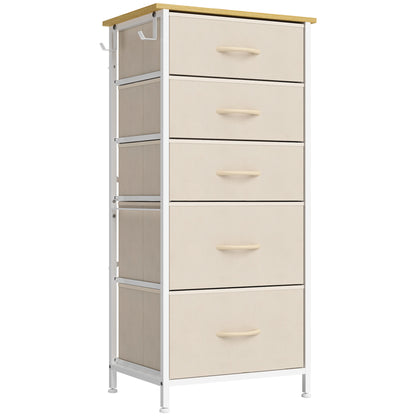 HOMCOM Chest of Drawers, Dresser with 5 Fabric Drawers, Tall Storage Unit with 4 Pockets and 2 Hooks Steel Frame, Beige