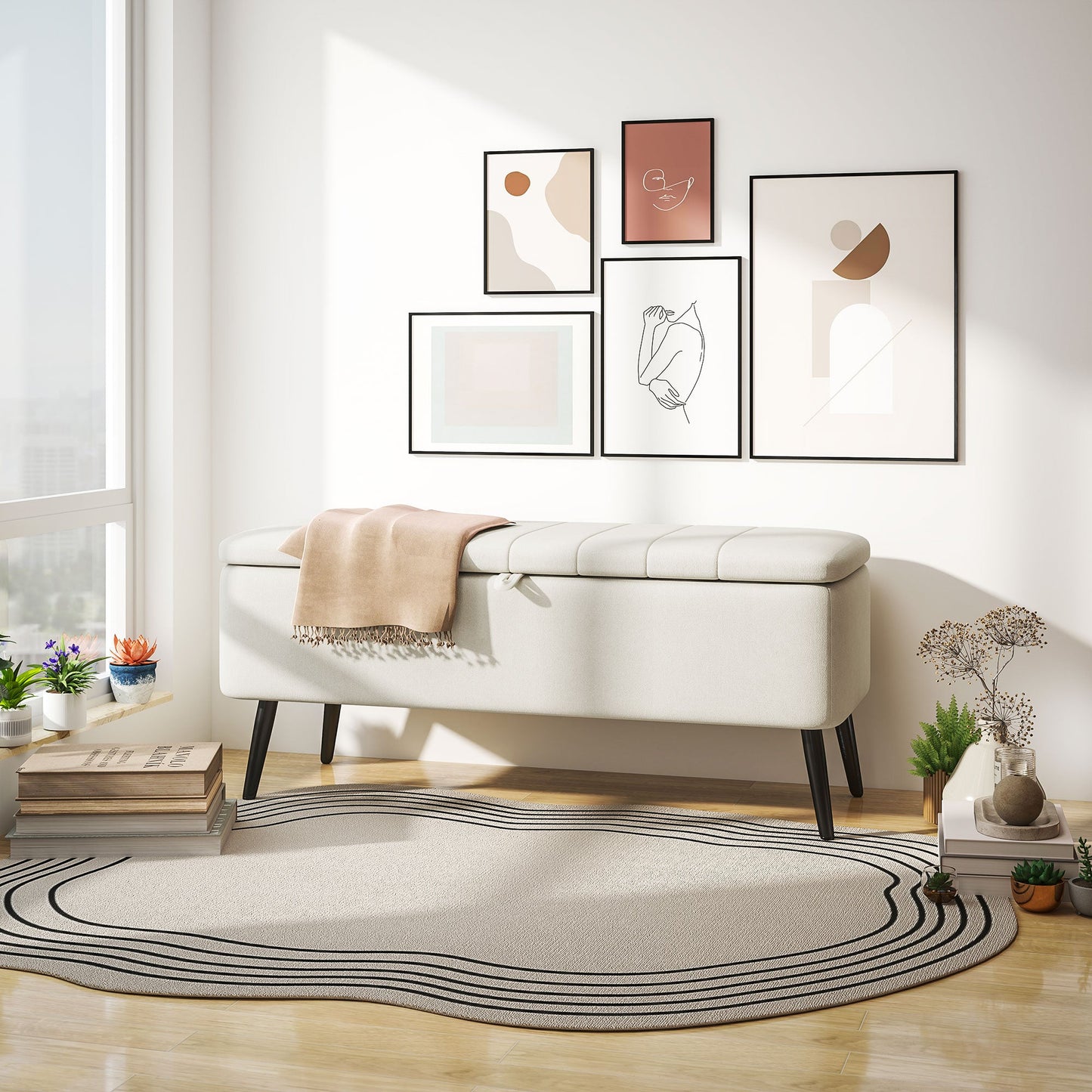 Pufa HOMCOM Linen-Look 92 x 31 cm do przechowywania - kremowo-biała