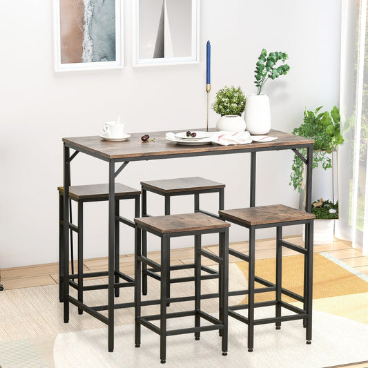 HOMCOM 5-Piece Breakfast Bar Table and Stools Set, Kitchen Bar Table Set with High Table and 4 Stools, Space Saving Compact Dining Furniture for Small Spaces, Rustic Brown