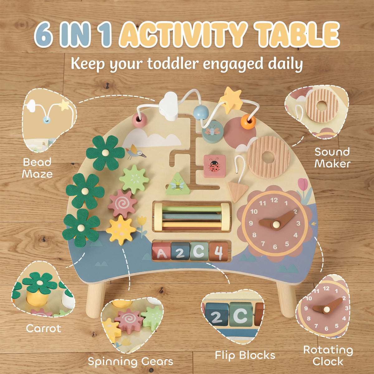 AIYAPLAY Wooden Baby Activity Table for 1-3 Years, 6-in-1 Montessori Activity Table with Gears, Bead Maze, Rotating Clock