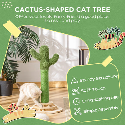 PawHut Cat Tree Cactus Sisal Scratching Post for Indoor Cats Play Tower Kitten Furniture with Hanging Ball Interactive Fun Roller Exerciser 32 x 32 x 60cm