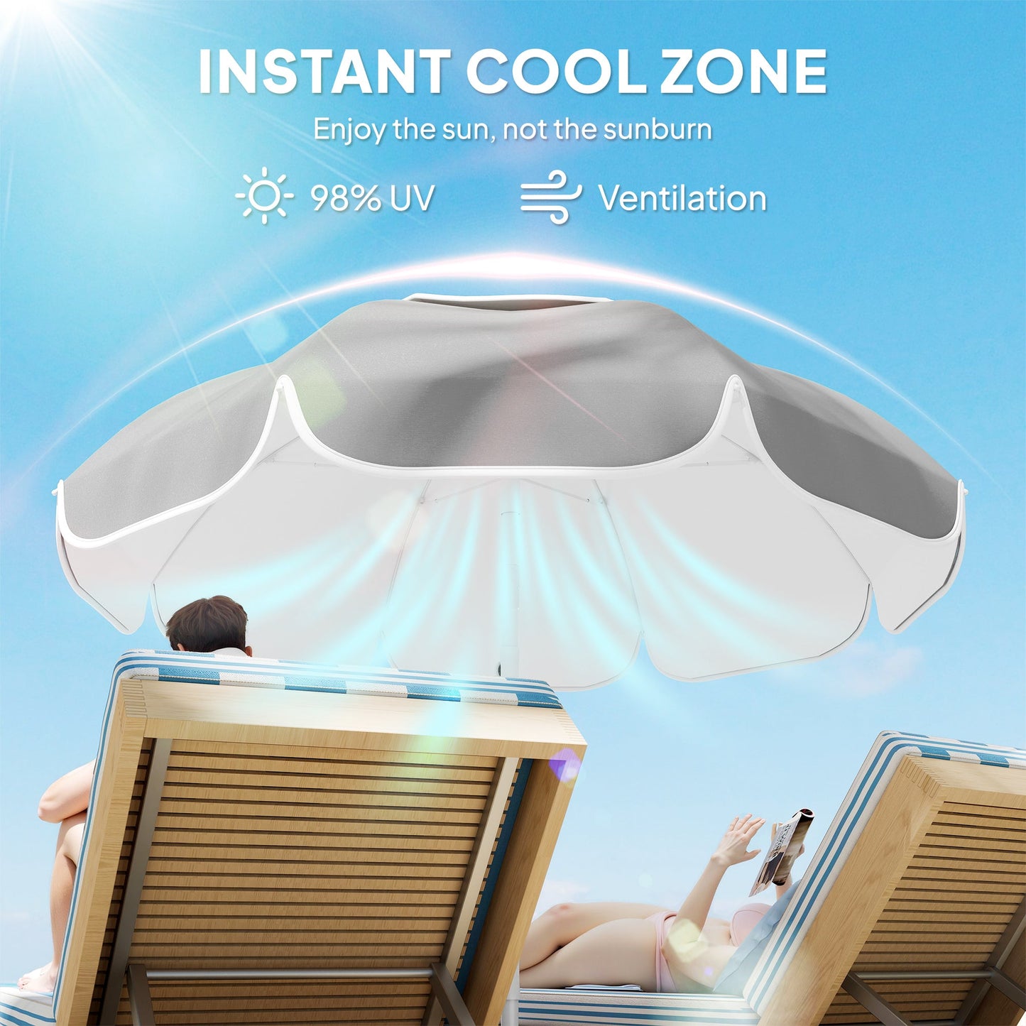 Outsunny Beach Umbrella Portable with Sand Anchor, Carry Bag, Adjustable Height & Tilt, UPF50+ UV Protection, Grey