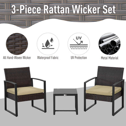 Outsunny 3 szt. PE Rattan Wiklina Meble ogrodowe Patio Bistro Zestaw Weave Conservatory Sofa Stolik kawowy i krzesła Zestaw beżowy