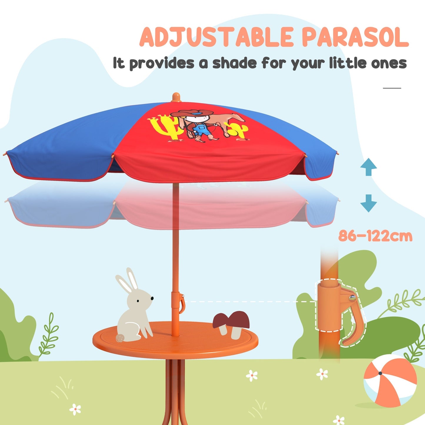 Outsunny 4 Piece Kids Garden Furniture Set With Adjustable Canopy, Cowboy Themed, Kids Garden Table and Chair Set - Ages 3-6 Years - Red and Blue