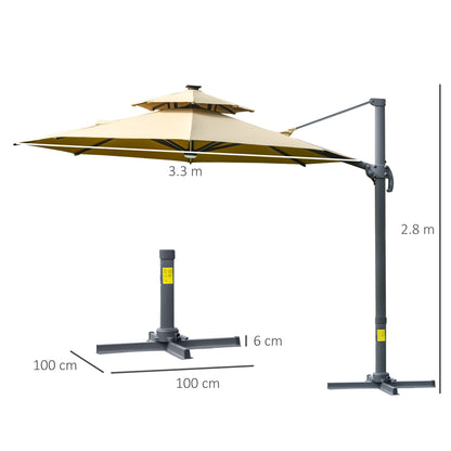 Outsunny 3m Cantilever Parasol w/ Solar Lights Power Bank Cross Base Adjustable Canopy 360° Spin Outdoor Garden Umbrella 2-Tier Roof Sun Shade Khaki