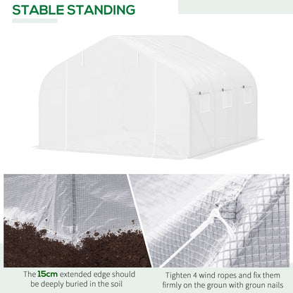 Outsunny 3.5 x 3 x 2m Walk-In Greenhouse Polytunnel Greenhouse Garden Hot House with Steel Frame, Roll Up Door and Windows, White