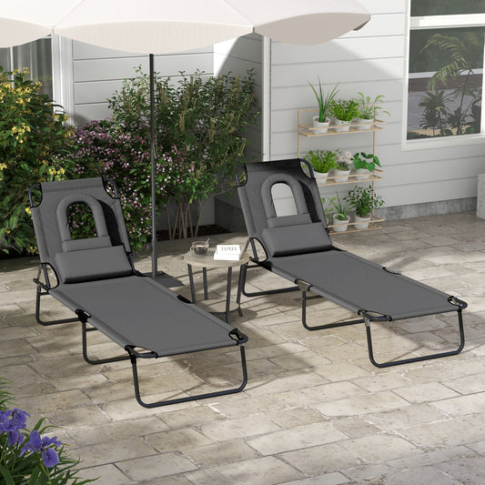 Outsunny Outdoor Folding Sun Lounger Set of 2 with Face Hole, 4 Level Adjustable Backrest Reclining Garden Lounger, Garden Recliner Sunbed with 600 D Oxford Cloth Seat and Pillow for Beach, Dark Grey