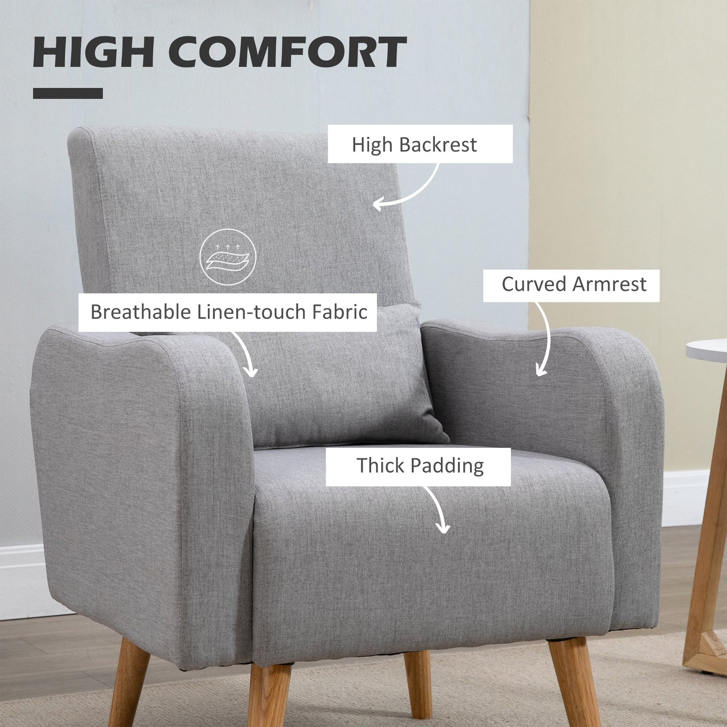 HOMCOM Accent Chair, Linen-Touch Armchair with Pillow, Upholstered Leisure Lounge Sofa for Living Room, Club Chair with Rubber Wooden Frame, Grey