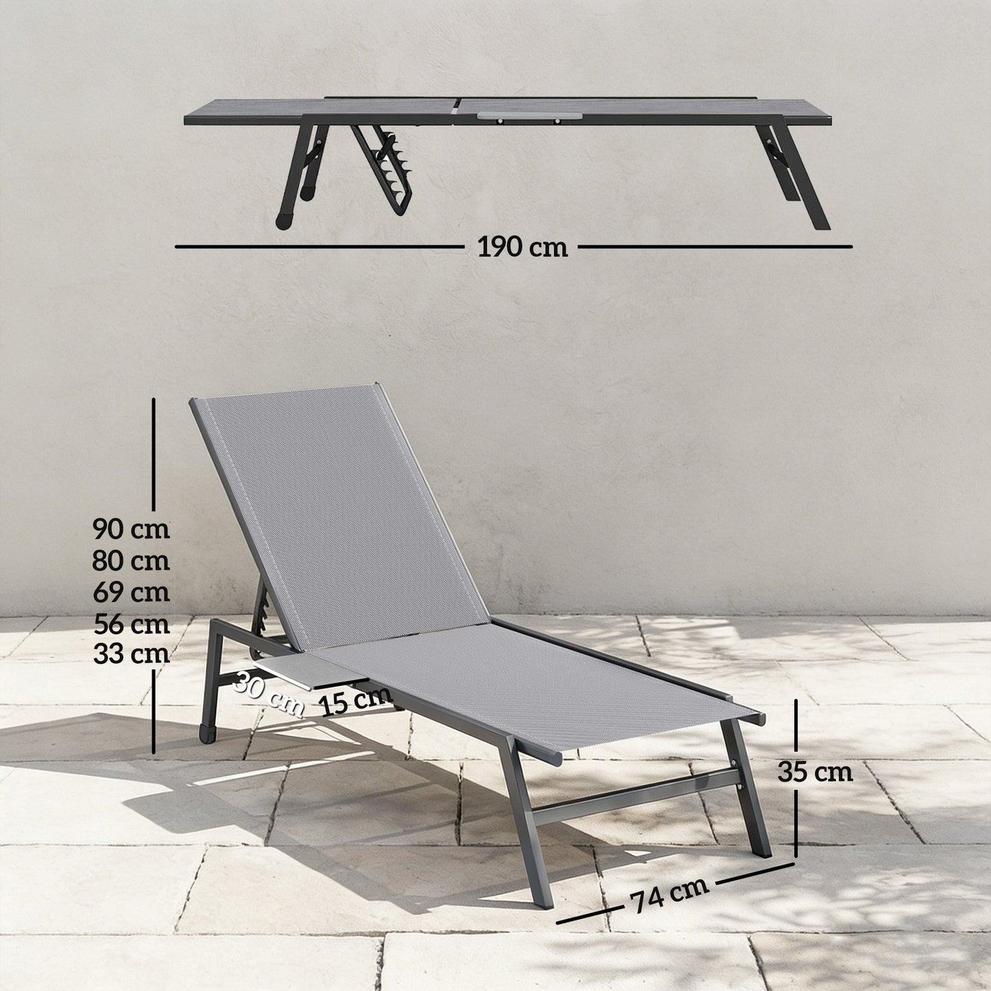 Outsunny Sun Loungers Set of 2 with Side Tray Table, Garden Recliners with 5-Position Adjustable Backrest, 2 Wheels, Grey