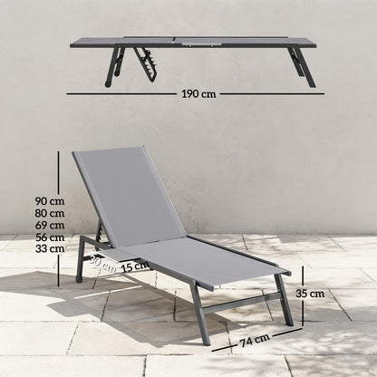 Outsunny Sun Loungers Set of 2 with Side Tray Table, Garden Recliners with 5-Position Adjustable Backrest, 2 Wheels, Grey