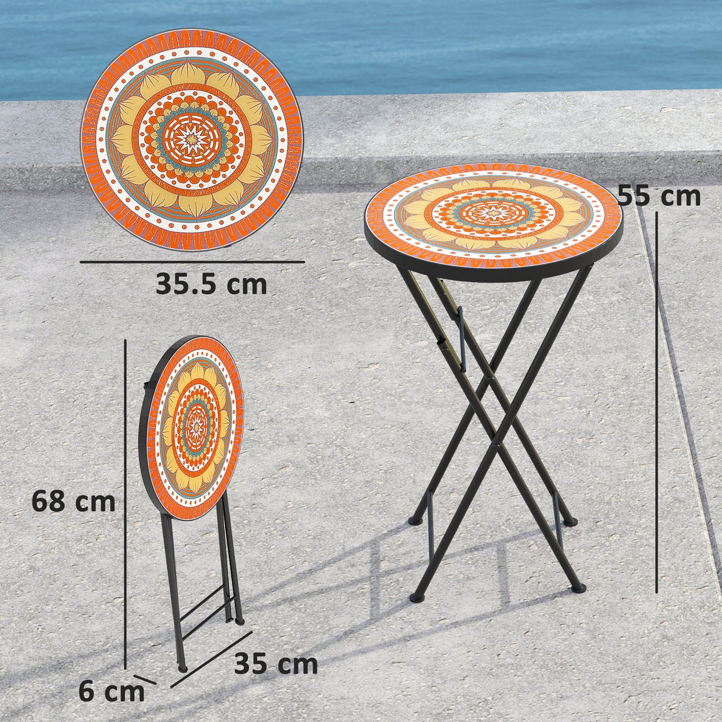 Outsunny Mosaic Outdoor Garden Table, 35,5 cm Okrągły Składany Stolik Kawowy z Metalową Ramą na Balkon i Taras, Pomarańczowy