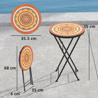 Outsunny Mosaic Outdoor Garden Table, 35,5 cm Okrągły Składany Stolik Kawowy z Metalową Ramą na Balkon i Taras, Pomarańczowy