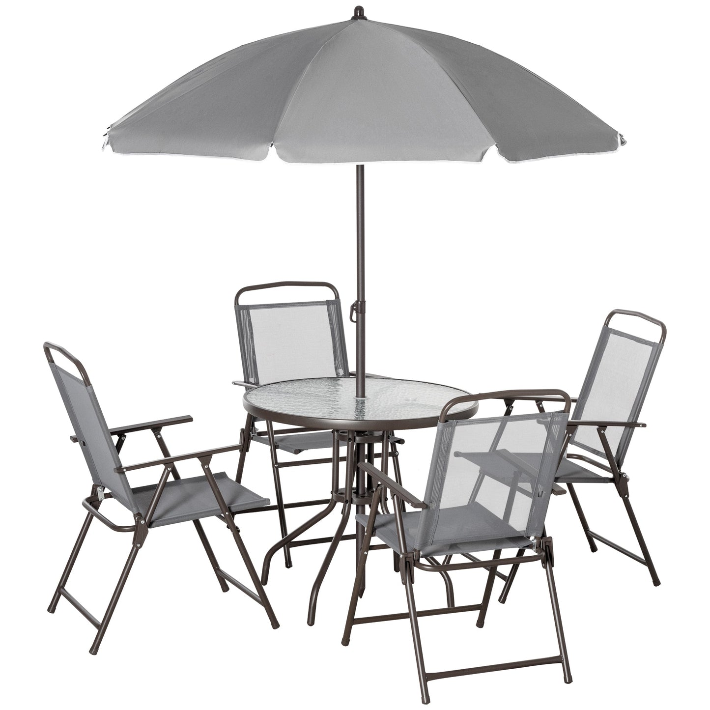 Outsunny 6 Piece Garden Dining Set with Umbrella, Outdoor Dining Sets with Parasol, 4 Folding Dining Chairs & Round Tempered Glass Table, Grey