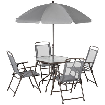 Outsunny 6 Piece Garden Dining Set with Umbrella, Outdoor Dining Sets with Parasol, 4 Folding Dining Chairs & Round Tempered Glass Table, Grey