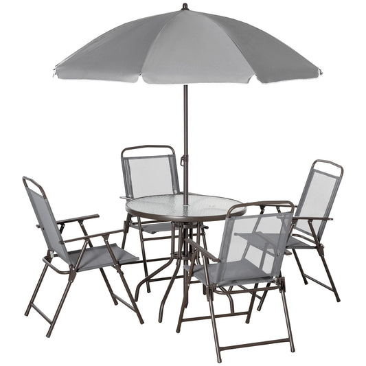 Outsunny 6 Piece Garden Dining Set with Umbrella, Outdoor Dining Sets with Parasol, 4 Folding Dining Chairs & Round Tempered Glass Table, Grey