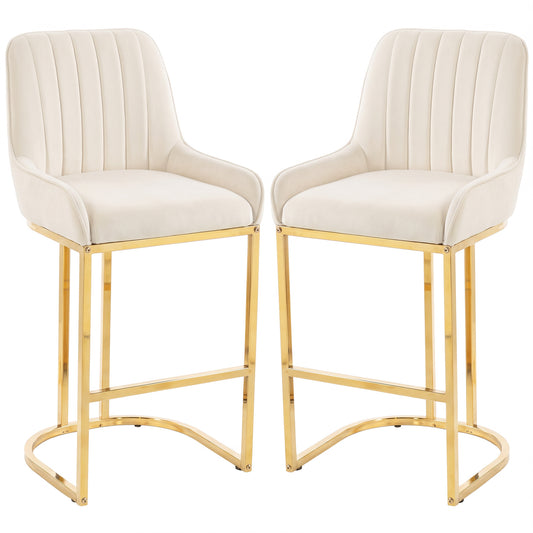 HOMCOM Bar Stools Set of 2 with Backrest, Footrest, Gold Electroplated Legs for Kitchen Island, Dining Room, Cream White