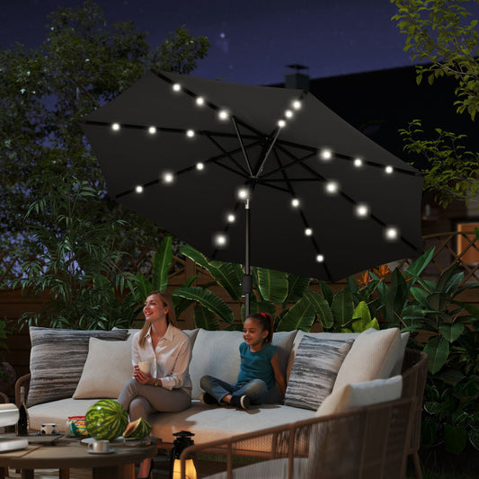 Outsunny â2.7m Garden Parasol Solar Outdoor Tilt Sun Umbrella Patio Sun Shade w/ 24 LED Light, Hand Crank and 8 Ribs, Black