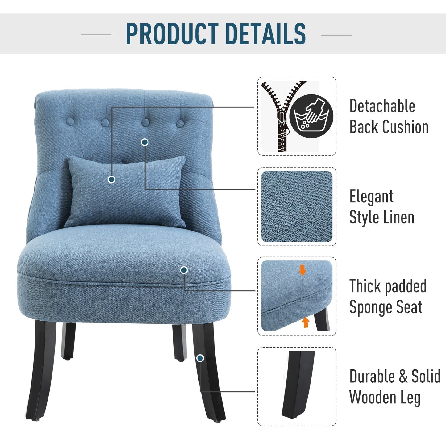 HOMCOM Tub Chair, Armless Single Sofa, Modern Button Tufted Armchair, Upholstered Linen Fabric Longue Accent Chair for Living Room, Bedroom, Set of 2, Blue