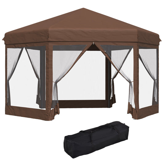 Outsunny 3,5m x 4m sześciokątny rozkładany pawilon, baldachim, osłona przeciwsłoneczna na patio, impreza na świeżym powietrzu, regulowana wysokość, z moskitierą i torbą transportową - brązowy