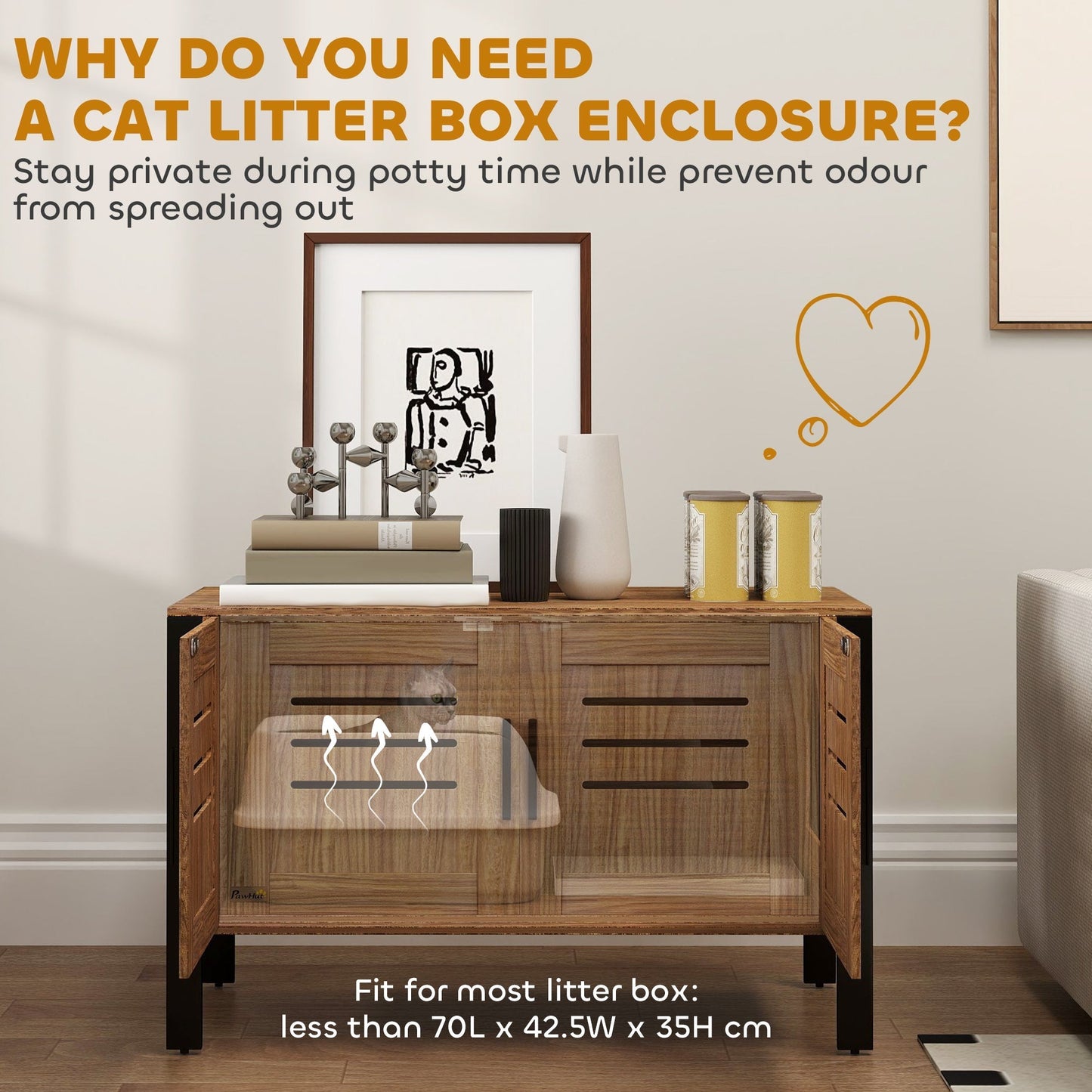 PawHut Cat Litter Box Enclosure with Tall Legs, Scratching Board, Double Doors, Ventilation Holes, 80 x 45 x 50 cm, Dark Brown