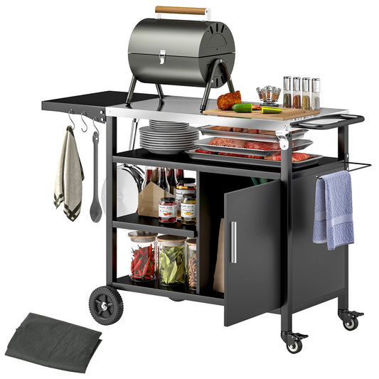 Wózek do grilla Outsunny Outdoor BBQ Trolley ze składanym stolikiem bocznym, blat ze stali nierdzewnej, kuchnia zewnętrzna z kółkami, wieszakami, półkami, szafką, stół do pieca do pizzy, ruchomy wózek do grilla zewnętrznego z pokrywą, czarny