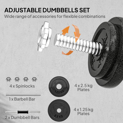 SPORTNOW 2-in-1 Adjustable Dumbbells Set, 20kg Cast Iron Weights Dumbbells Set with Non-Slip Grip for Strength Training, Weight Lifting, Bodybuilding, Home Gym Workout Equipment for Men & Women