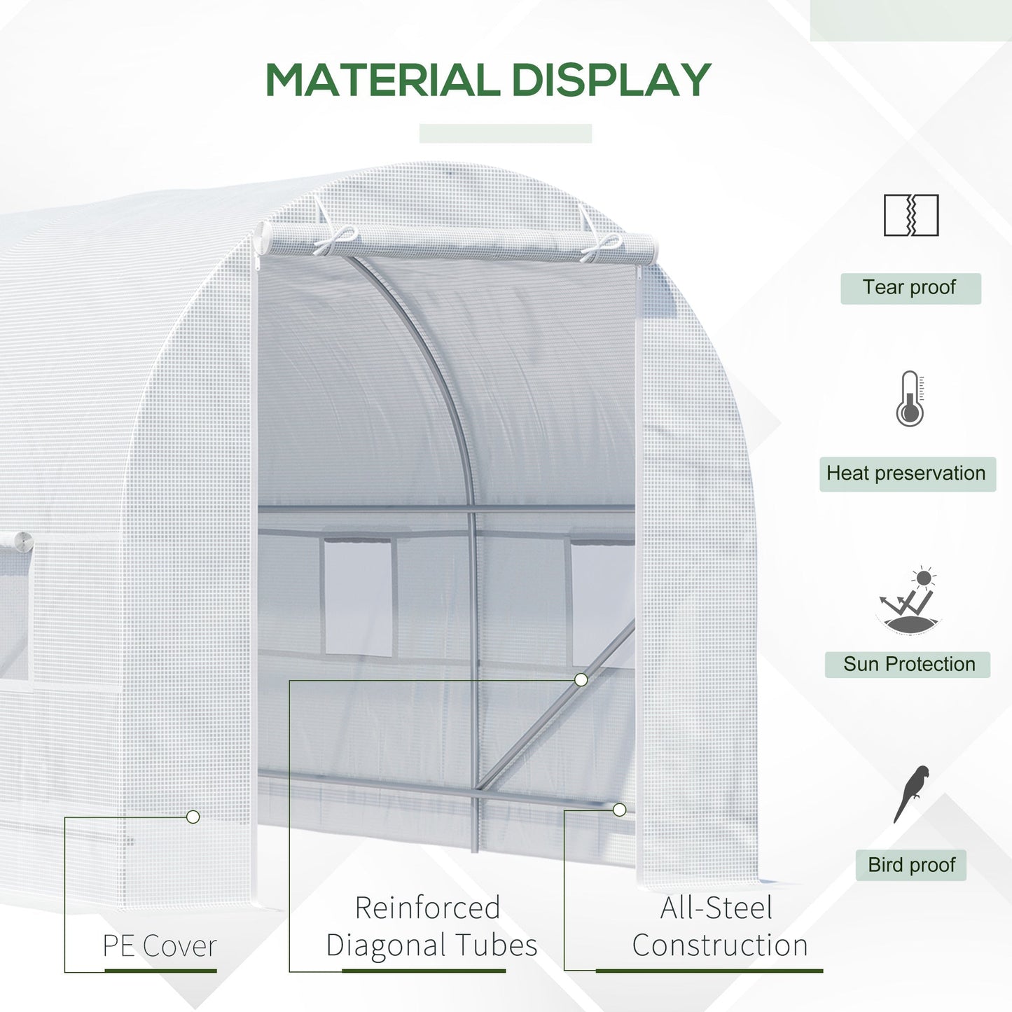 Outsunny 4.5 x 2 x 2 m Large Galvanised Steel Frame Outdoor Poly Tunnel Garden Walk-In Patio Greenhouse - White