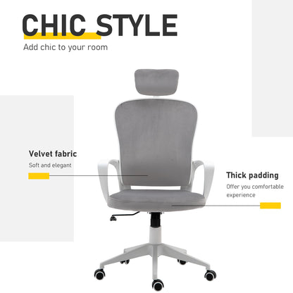 Vinsetto Computers Chair Ergonomic Back Support High Backed Office Chair Velvet Style Fabric Home Rocking with Wheels, Rotatable Liftable Headrest, Grey w/ Wheel, Up-Down Headrest