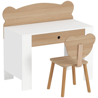 AIYAPLAY Kids Desk and Chair Set with Drawer for Drawing, Reading, Bear Theme Children Furniture for Bedroom, Daycare, Natural